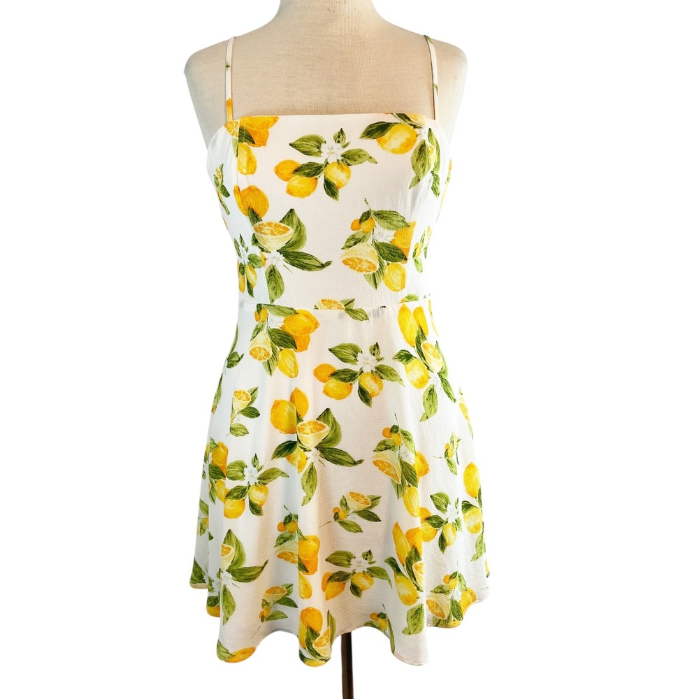 Nine Britton Becky‎ Tie Back Detail Lemon Print Dress White Yellow Medium NEW